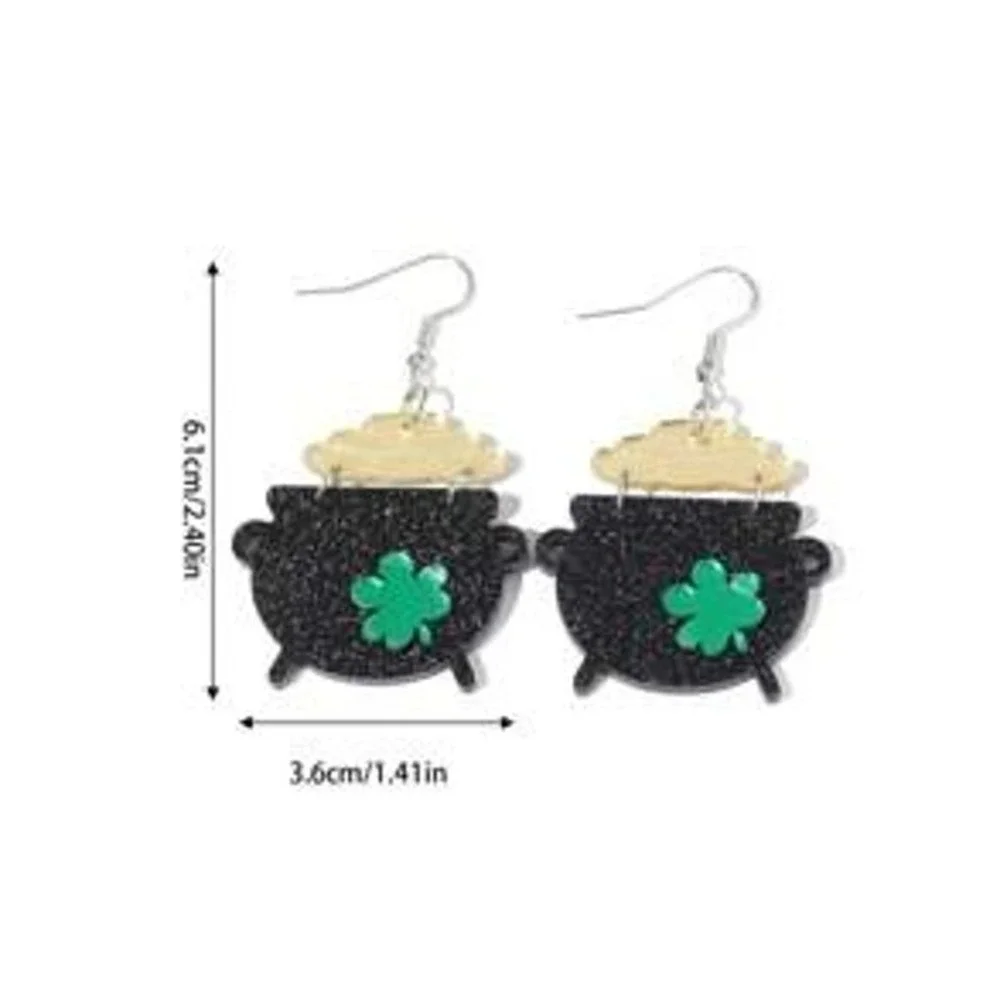 New Pot Gold Green Clover St Patricks Day Irish Dangle Earrings Shamrock Lucky